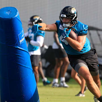 Jacksonville Jaguars tight end Patrick Herbert (47) runs past a pop up dummy during an NFL training camp session at the Miller Electric Center, Friday, July 25, 2025, in Jacksonville, Fla. [Corey Perrine/Florida Times-Union]
