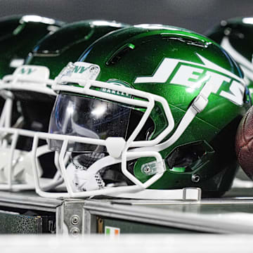 Aug 17, 2024; Charlotte, North Carolina, USA;  New York Jets helmets during the second half against the Carolina Panthers at Bank of America Stadium. Mandatory Credit: Jim Dedmon-Imagn Images