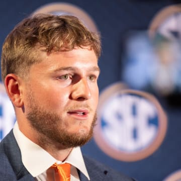 Jul 17, 2024; Dallas, TX, USA; Texas quarterback Quinn Ewers speaking at Omni Dallas Hotel. Mandatory Credit: Brett Patzke-USA TODAY Sports