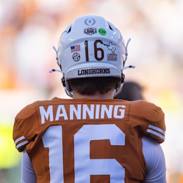Dec 21, 2024; Austin, Texas, USA; Detailed view of the jersey of Texas Longhorns quarterback Arch Manning (16) against the Clemson Tigers during the CFP National playoff first round at Darrell K Royal-Texas Memorial Stadium. Mandatory Credit: Mark J. Rebilas-Imagn Images