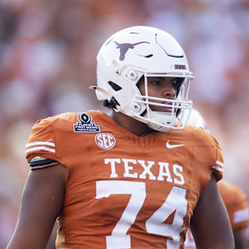 Dec 21, 2024; Austin, Texas, USA; Texas Longhorns offensive lineman Trevor Goosby (74) against the Clemson Tigers during the CFP National playoff first round at Darrell K Royal-Texas Memorial Stadium. Mandatory Credit: Mark J. Rebilas-Imagn Images