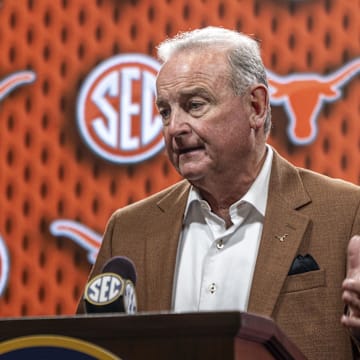Oct 14, 2025; Birmingham, AL, USA; Texas Longhorns head coach Vic Schaefer talks with the media during SEC Media Days at Grand Bohemian Hotel. Mandatory Credit: Vasha Hunt-Imagn Images