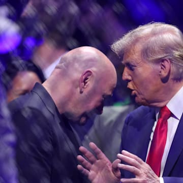 Nov 16, 2024; New York, NY, USA; President-elect Donald Trump speaks with Dana White (left) during UFC 309 at Madison Square Garden. Mandatory Credit: Brad Penner-Imagn Images