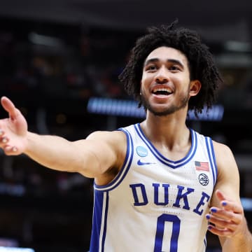 Mar 31, 2024; Dallas, TX, USA; Duke Blue Devils guard Jared McCain (0) reacts in the second half against the North Carolina State Wolfpack in the finals of the South Regional of the 2024 NCAA Tournament at American Airline Center. Mandatory Credit: Tim Heitman-USA TODAY Sports