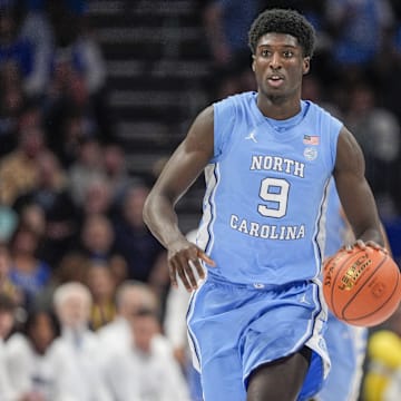 Mar 14, 2025; Charlotte, NC, USA; North Carolina Tar Heels guard Drake Powell (9) during the first half against the Duke Blue Devils at Spectrum Center. Mandatory Credit: Jim Dedmon-Imagn Images
