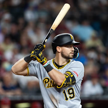May 28, 2025; Phoenix, Arizona, USA; Pittsburgh Pirates shortstop Jared Triolo against the Arizona Diamondbacks at Chase Field. Mandatory Credit: Mark J. Rebilas-Imagn Images