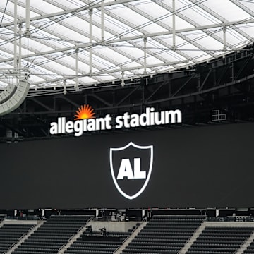 Sep 21, 2020; Paradise, Nevada, USA; A logo to remember Al Davis is displayed on the video board before a NFL game between the New Orleans Saints and Las Vegas Raiders at Allegiant Stadium. Mandatory Credit: Kirby Lee-Imagn Images