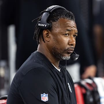Aug 23, 2025; Glendale, Arizona, USA; Las Vegas Raiders defensive coordinator Patrick Graham against the Arizona Cardinals during a preseason NFL game at State Farm Stadium. Mandatory Credit: Mark J. Rebilas-Imagn Images