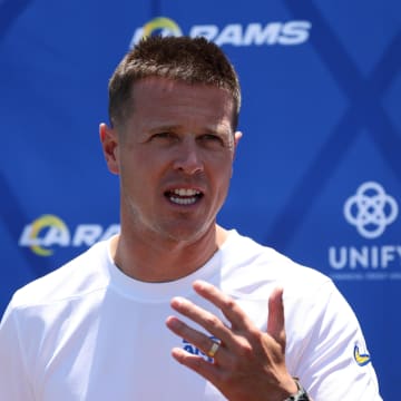 Jul 31, 2024; Los Angeles, CA, USA;  Los Angeles Rams offensive coordinator Mike LaFleur speaks to the media after training camp at Loyola Marymount University. Mandatory Credit: Kiyoshi Mio-USA TODAY Sports