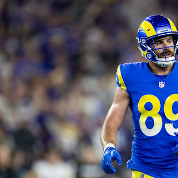 Jan 13, 2025; Glendale, AZ, USA; Los Angeles Rams tight end Tyler Higbee (89) against the Minnesota Vikings during an NFC wild card game at State Farm Stadium. Mandatory Credit: Mark J. Rebilas-Imagn Images