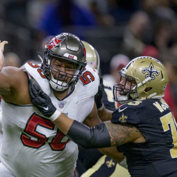 Tampa Bay Buccaneers defensive tackle Vita Vea (50) pressures New Orleans Saints quarterback Derek Carr (4) while being blocked by New Orleans Saints center Erik McCoy (78) during the fourth quarter at the Caesars Superdome. Mandatory Credit: Matthew Hinton-USA TODAY Sports