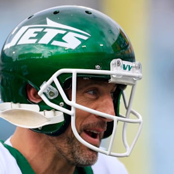 New York Jets quarterback Aaron Rodgers looks on before a matchup vs. the Jacksonville Jaguars on Sunday, Dec. 15, 2024 at EverBank Stadium. 