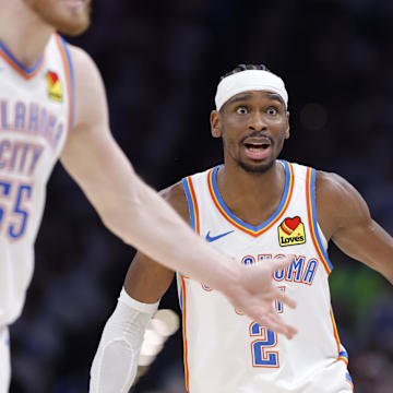 Shai Gilgeous-Alexander reacts after a call against the Timberwolves.