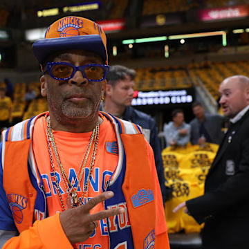 Spike Lee poses for a portrait prior to game four of the eastern conference finals between the Indiana Pacers and the New York Knicks  for the 2025 NBA Playoffs.
