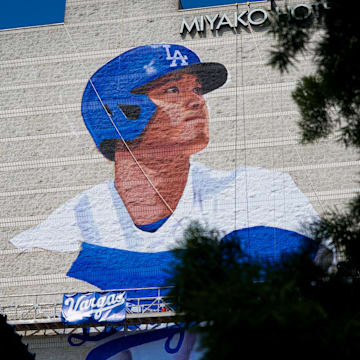 Artist Robert Vargas works on a mural of Shohei Ohtani. The 150 foot by 60 foot mural is on the east wall of the 11-story Miyako Hotel in the Little Tokyo District of Los Angeles. The mural will be officially unveiled on March 27, the day before the Dodgers play their first home game of the 2024 season.