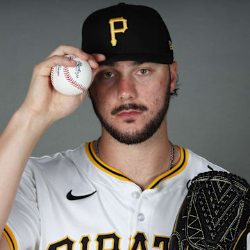 Feb 18, 2025; Bradenton, FL, USA; Pittsburgh Pirates pitcher Paul Skenes (30) poses for a photo during media day at Pirate City. Mandatory Credit: Kim Klement Neitzel-Imagn Images