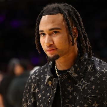 Mar 10, 2024; Los Angeles, California, USA;  NFL player CJ Stroud attends the NBA game between the Los Angeles Lakers and the Minnesota Timberwolves at Crypto.com Arena. Mandatory Credit: Kiyoshi Mio-USA TODAY Sports