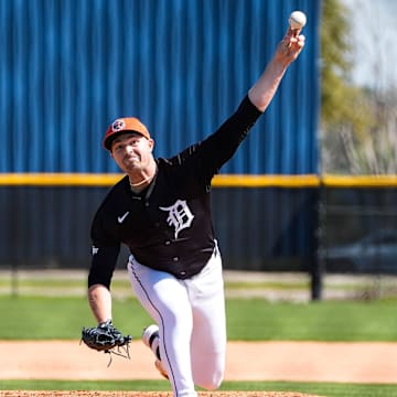 Detroit Tigers pitcher Tarik Skubal throws at batting practice during spring training at TigerTown in Lakeland, Fla. on Friday, Feb. 21, 2025.