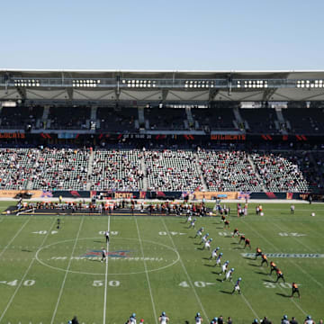 Feb 16, 2020; Carson, California, USA; General overall view of kickoff at the start of the second half of the XFL game between the LA Wildcats and the Dallas Renegades Dignity Health Sports Park. The Renegades defeated the Wildcats 25-18. Mandatory Credit: Kirby Lee-Imagn Images