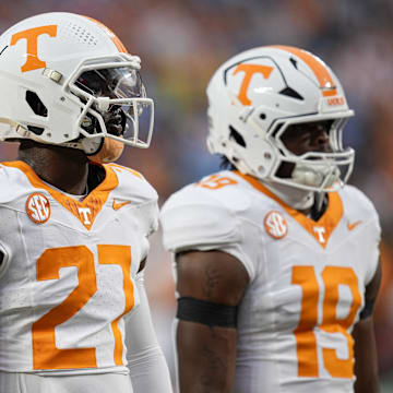 Sep 7, 2024; Charlotte, North Carolina, USA; Tennessee Volunteers defensive lineman James Pearce Jr. (27) during pregame activities against the North Carolina State Wolfpack at the Dukes Mayo Classic at Bank of America Stadium. Mandatory Credit: Jim Dedmon-Imagn Images