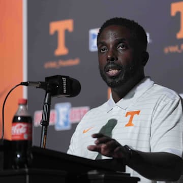 Tennessee football defensive coordinator Tim Banks speaks to the media during football media day, in Knoxville, Tennessee, July 29, 2025.