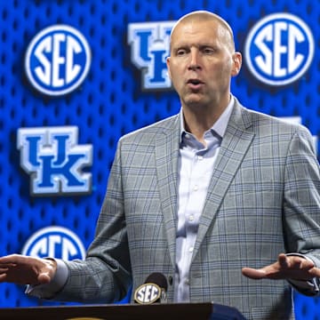 Oct 14, 2025; Birmingham, AL, USA; Kentucky Wildcats head coach Mark Pope talks with the media during SEC Media Days at Grand Bohemian Hotel. Mandatory Credit: Vasha Hunt-Imagn Images