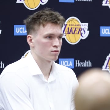 EL SEGUNDO, CALIFORNIA - JULY 02: Bronny James #9 of the Los Angeles Lakers speaks with the media during a press conference at UCLA Health Training Center on July 02, 2024 in El Segundo, California. The Lakers selected Bronny James and Dalton Knecht in the 2024 NBA Draft.