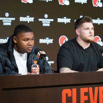 Mike Hall Jr. and Zak Zinter meet with the media after being drafted by Browns