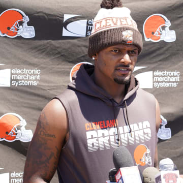 Browns QB Deshaun Watson meets with the media after Day 1 of mandatory minicamp. 