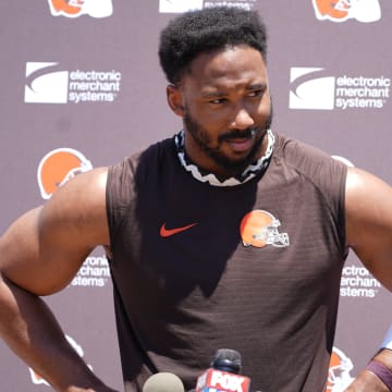 Myles Garrett meets with the media following day 2 of mandatory minicamp