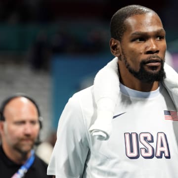 Jul 28, 2024; Villeneuve-d'Ascq, France; United States guard Kevin Durant (7) after a game against Serbia during the Paris 2024 Olympic Summer Games at Stade Pierre-Mauroy. Mandatory Credit: John David Mercer-USA TODAY Sports