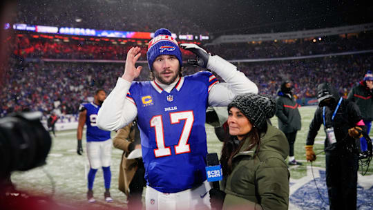 Jan 19, 2025; Orchard Park, New York, USA; Buffalo Bills quarterback Josh Allen (17) before his post-game interview after the game against the Baltimore Ravens in a 2025 AFC divisional round game at Highmark Stadium.
