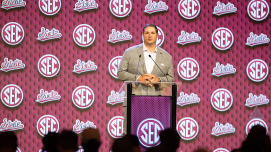 Jul 17, 2024; Dallas, TX, USA; Mississippi State head coach Jeff Lebby speaking at Omni Dallas Hotel. Mandatory Credit: Brett Patzke-USA TODAY Sports