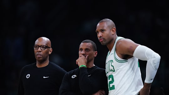 May 5, 2025; Boston, Massachusetts, USA; Boston Celtics head coach Joe Mazzulla talks with center Al Horford (42) from the sideline as they take on the New York Knicks during game one of the second round for the 2025 NBA Playoffs at TD Garden. Mandatory Credit: David Butler II-Imagn Images