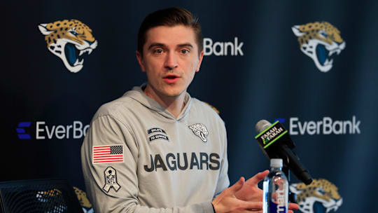 Jacksonville Jaguars general manager James Gladstone speaks during a press conference at Miller Electric Center Tuesday, April 15, 2025 in Jacksonville, Fla. [Corey Perrine/Florida Times-Union]