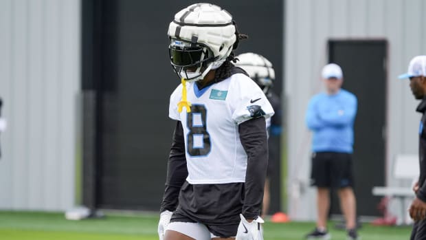 ; Carolina Panthers cornerback Jaycee Horn (8) at Carolina Panthers Practice Fields. Credit: Jim Dedmon-USA TODAY Sport