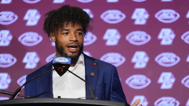 Boston College Eagles quarteback Thomas Castellanos speaks to the media during the ACC Kickoff at Hilton Charlotte Uptown. 