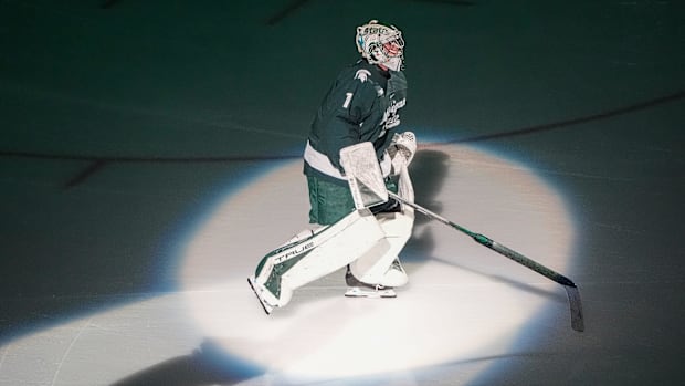 Hockey goalie in green unifor
