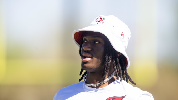 May 10, 2024; Tempe, AZ, USA; Arizona Cardinals wide receiver Marvin Harrison Jr. (18) during rookie minicamp at the teams Tempe Training Facility. Mandatory Credit: Mark J. Rebilas-USA TODAY Sports