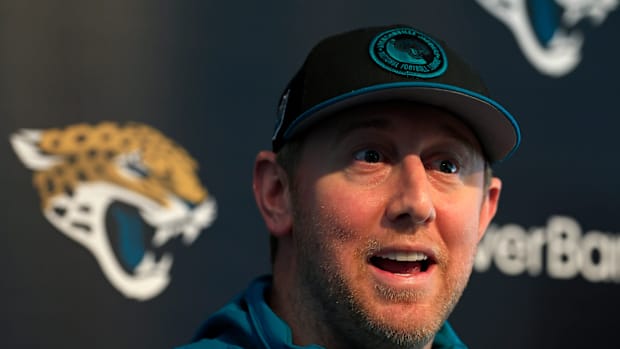Jacksonville Jaguars head coach Liam Coen speaks during a press conference at Miller Electric Center Tuesday, April 15, 2025 