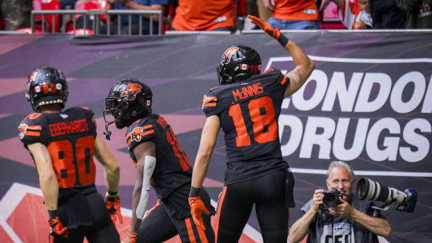 Jun 17, 2023; Vancouver, British Columbia, CAN; BC Lions receiver Ayden Eberhardt (80) and receiver Justin McInnis (18) and receiver Dominique Rhymes (19) celebrate Rhymes  touchdown against the BC Lions in the second half at BC Place. BC won 22-0. Mandatory Credit: Bob Frid-USA TODAY Sports