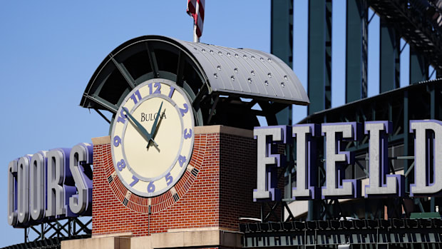 General view of outside signage at Colorado Rockies' Coors Field.
