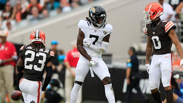 Jacksonville Jaguars wide receiver Brian Thomas Jr. (7) reacts to his reception against Cleveland Browns cornerback Martin Em