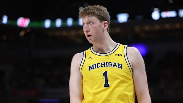 Mar 16, 2025; Indianapolis, IN, USA; Michigan Wolverines center Danny Wolf (1) walks on court during the first half against t