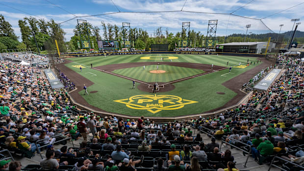 Fans gather as the Oregon Ducks host the Washington Huskies on May 10, 2025, at PK Park in Eugene.