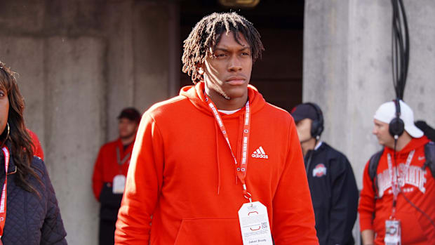 Recruit Jabari Brady watches Ohio State warm up before playing Penn State Oct. 21, 2023 at Ohio Stadium.
