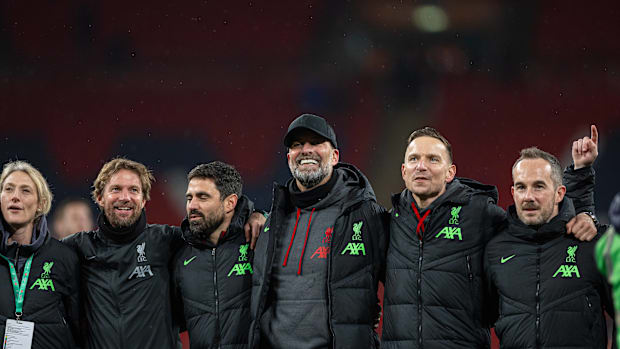 Liverpool's Andreas Kornmayer, Vitor Matos, Jürgen Klopp, Pepijn Lijnders, Jack Robinson celebrate after League Cup Final