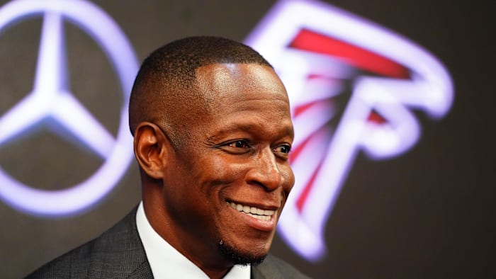 Feb 5, 2024; Atlanta, GA, USA; Raheem Morris address the media after being introduced as the new head coach of the Atlanta Falcons.