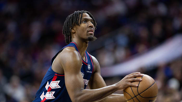 Feb 3, 2024; Philadelphia, Pennsylvania, USA; Philadelphia 76ers guard Tyrese Maxey (0) shoots a