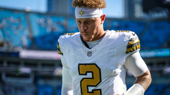 New Orleans Saints QB Spencer Rattler (2) jogs off the field after beating the Carolina Panthers on Nov. 9, 2025.